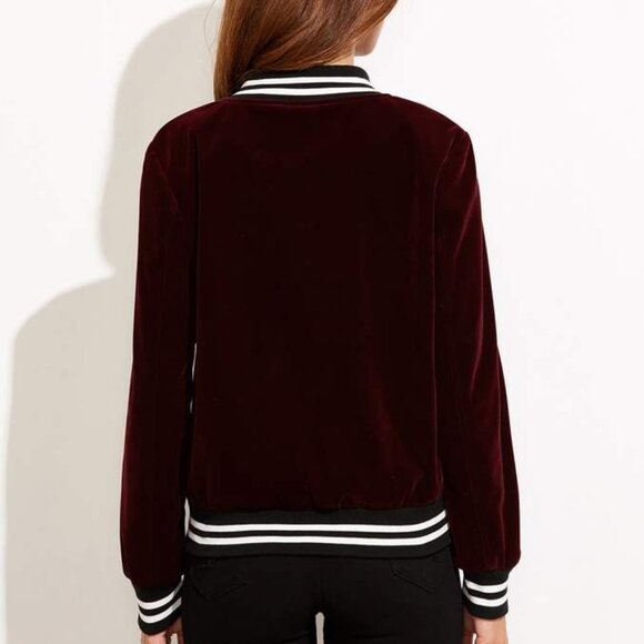 Burgundy Velvet Bomber Jacket Maroon Wine Zip Up Stripe Trim Streetwear Large - Picture 3 of 14